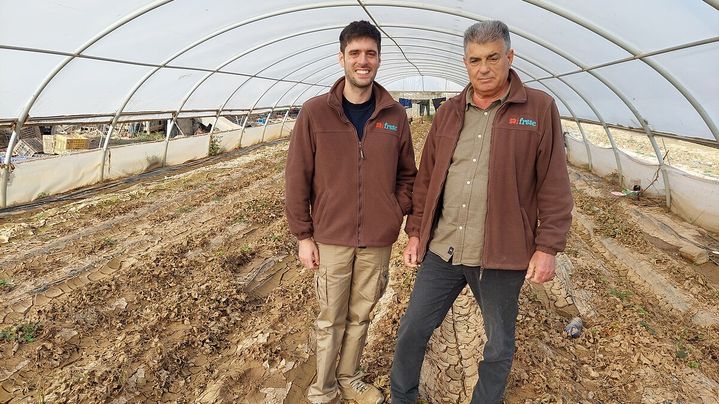 Julio Quilis et son fils, agriculteurs bio. Leurs fraises sous serre ont été emportées par la crue. (ISABELLE LABEYRIE / RADIO FRANCE)