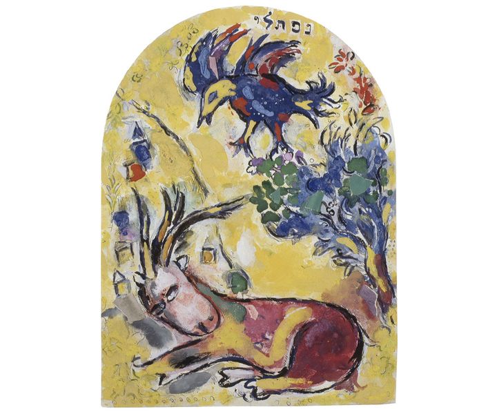 Marc Chagall,&nbsp;"La Tribu de Nephtali", maquette définitive pour les vitraux de la synagogue de l’hôpital Hadassah, Jérusalem, 1959-1960, Gouache, aquarelle, pastel, encre de Chine, papiers collés et crayon sur papier, collection particulière  (© Adagp, Paris 2020 - Photo © Ewald Graber)