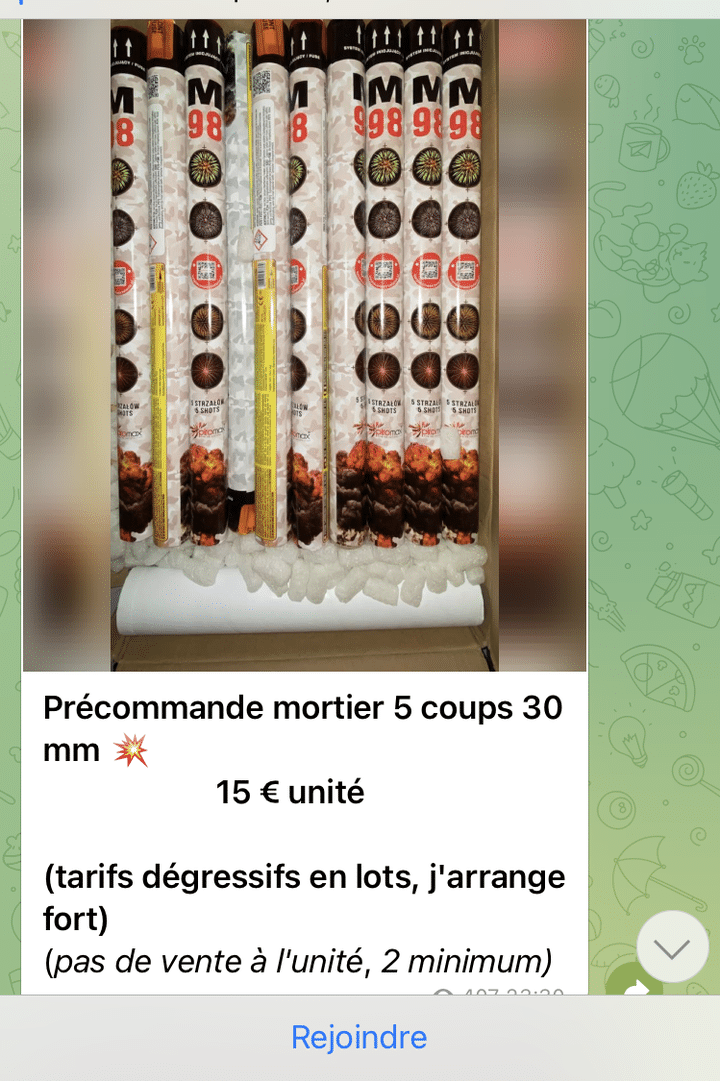 Sur certains groupes Telegram il est possible d'acheter des mortiers d'artifice malgré l'interdiction. (Capture d'écran / RADIO FRANCE)