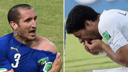 Giorgio Chiellini (G) montrant sa morsure, le 24 juin 2014, et Luis Suarez (D) touchant ses dents apr&egrave;s "le contact" avec le d&eacute;fenseur italien.&nbsp; (DANIEL GARCIA / AFP)