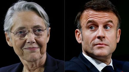 L'ex-Première ministre Elisabeth Borne et le président de la République Emmanuel Macron. (ALAIN JOCARD / LUDOVIC MARIN / AFP)