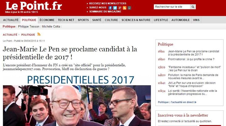 Capture d'&eacute;cran du site internet du "Point", le 9 avril 2015. (LE POINT / FRANCETV INFO)