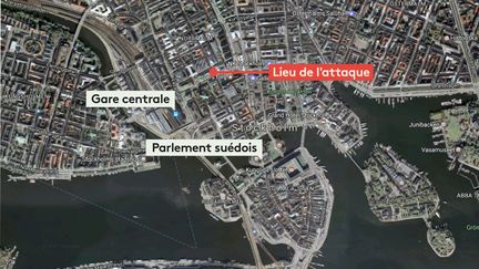 La carte du lieu où s'est déroulé une attaque au camion bélier, le 7 avril 2017, dans le centre-ville de Stockholm (Suède). (FRANCEINFO)