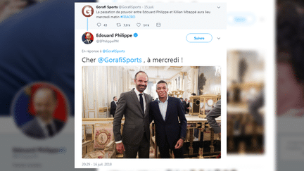 Le Premier ministre Edouard Philippe a publié une plaisanterie en réponse à un compte satirique qui imaginait Kylian Mbappé à la tête du gouvernement.&nbsp; (EDOUARD PHILIPPE / TWITTER)