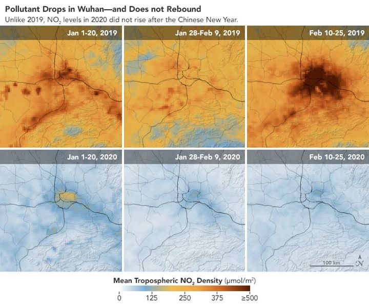 Pollution au dioxyde d'azote dans la région de Wuhan (Chine), en janvier-février 2019 et janvier-février 2020. (ESA)