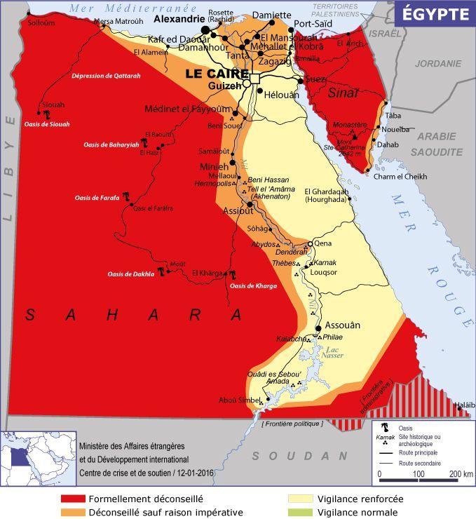 La carte mise en ligne sur le site du ministère des Affaires étrangères montre en route les régions à éviter absolument en Egypte. (Ministère des Affaires étrangères)