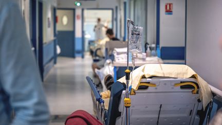 Des patients sur des brancards dans un couloir de l'hôpital de Perpignan (Pyrénées-Orientales), le 17 juillet 2024. (ARNAUD LE VU / HANS LUCAS / AFP)