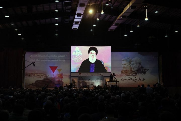 Hezbollah leader Hassan Nasrallah speaks during a speech broadcast on Lebanese television, January 3, 2024, in Beirut (Lebanon).  (ANWAR AMRO / AFP)