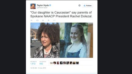 Capture d'&eacute;cran du tweet d'un journaliste am&eacute;ricain montrant Rachel Dolezal se faisant passer pour noire, &agrave; c&ocirc;t&eacute; d'une ancienne photo, o&ugrave; elle appara&icirc;t caucasienne, publi&eacute; jeudi 12 juin 2015.&nbsp; (@KREMTAYLOR / TWITTER.COM)