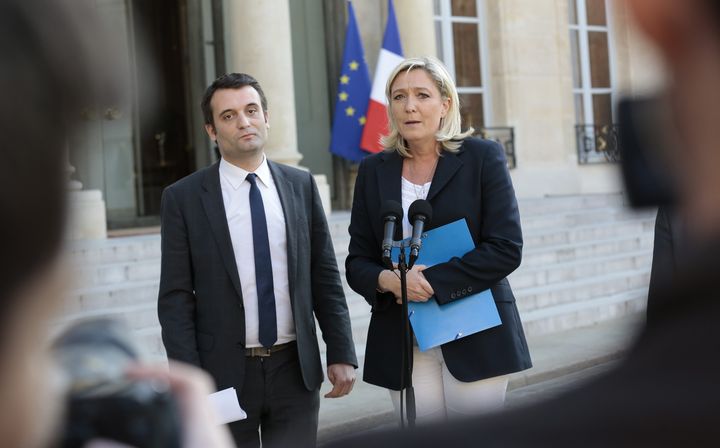 Le vice-pr&eacute;sident et la pr&eacute;sidente&nbsp;du FN,&nbsp;Florian Philippot et Marine Le Pen, quittent l'Elys&eacute;e apr&egrave;s un entretien avec Fran&ccedil;ois Hollande, le 15 mai 2014.&nbsp; (MAXPPP)