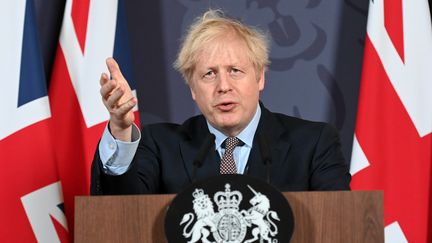 Boris Johnson, Premier ministre britannique, lors d'un discours à Londres après l'annonce d'un accord commercial entre le Royaume-Uni et l'Union européenne, le 24 décembre 2020. (PAUL GROVER / POOL)