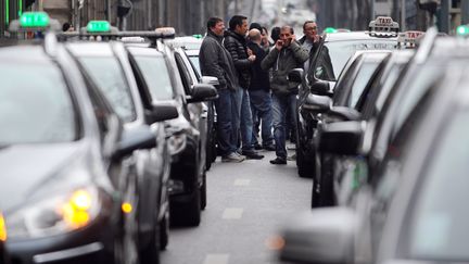 Des chauffeurs de taxi manifestent &agrave; Marseille (Bouches-du-Rh&ocirc;ne), le 13 janvier 2014, pour protester contre la concurrence des v&eacute;hicules de tourisme avec chauffeur (VTC) et la hausse de la TVA. (ANNE-CHRISTINE POUJOULAT / AFP)