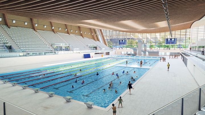 Perspective d’architecte du Centre aquatique olympique, qui accueillera les épreuves de water-polo, de natation synchronisée et de plongeon. (Architecture VenhoevenCS & Ateliers 234 Image Proloog)