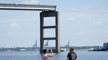 Le pont Francis Scott Key, qui s'est effondré en mars 2024 dans le port de Baltimore, (Maryland, Etats-Unis), photographié le 12 juin 2024. (SAUL LOEB / AFP)