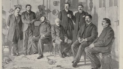 Les membres de l'Académie Goncourt. Collection du Musée Carnavalet de Paris. Descaves, Geffroy, Rosny aîné, Huysmans, Hennique, Daudet, Rosny jeune et Elémir Bourges. (Illustration) (SEPIA TIMES / UNIVERSAL IMAGES GROUP EDITORIAL / GETTY IMAGES)