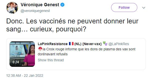 Le tweet de Véronique Genest (CAPTURE D'ECRAN TWITTER)