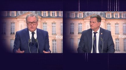 Richard Ferrand (à gauche) et Louis Aliot (à droite), invités du 8h30 franceinfo, lundi 11 avril 2022. (CAPTURE ECRAN / FRANCEINFO)