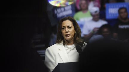 La vice-présidente américaine et candidate démocrate à la Maison Blanche, Kamala Harris, lors d'un meeting à Savannah (Géorgie), le 29 août 2024. (CHRISTIAN MONTERROSA / AFP)