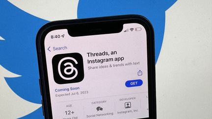 Le logo de l'application Threads, sur un smartphone, le 4 juillet 2023 à Berlin (Allemagne). (CHRISTOPH DERNBACH / AFP)