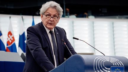 Le commissaire européen au marché intérieur, Thierry Breton, au Parlement européen à Strasbourg, le 18 octobre 2023. (UNION EUROPEENNE / HANS LUCAS / AFP)