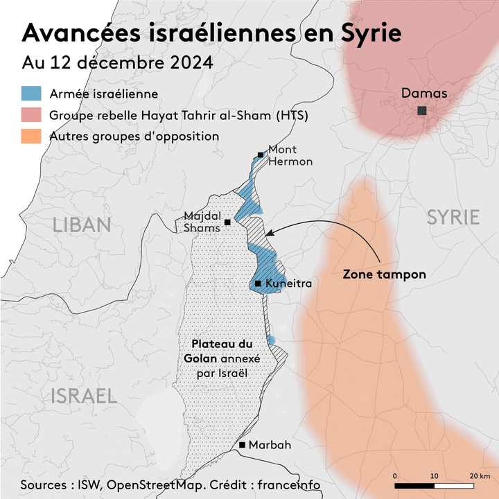 Carte des avancées de l'armée israéliennes en Syrie, au-delà du plateau du Golan, au 12 décembre 2024. (BRICE LE BORGNE / FRANCEINFO)