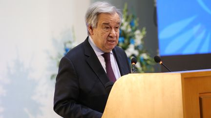 Le secrétaire général de l'ONU, Antonio Guterres, lors d'une conférence à Islamabad (Pakistan), le 17 février 2020.&nbsp; (MUHAMMED SEMIH UGURLU / ANADOLU AGENCY / FP)