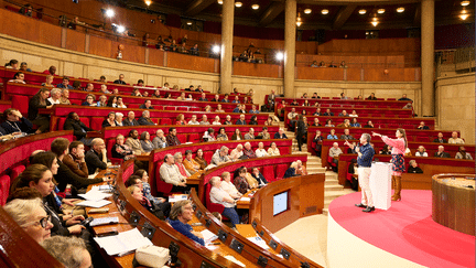 Les membres de la convention citoyenne sur la fin de vie participent à une réunion plénière, le 4 mars 2023, au Conseil économique, social et environnemental, à Paris. (KATRIN BAUMANN / CESE)