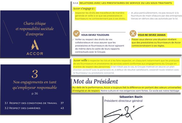 Extraits de la charte d’Accor concernant ses engagements par rapport aux conditions de travail de ses sous-traitants.&nbsp; (Complément d’enquête et cellule investigation de Radio France.)