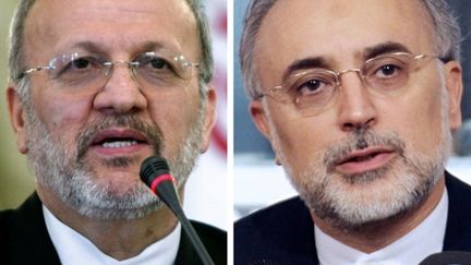 A gauche, M.Mottaki, ministre des Affaires étrangères iranien limogé; à droite son remplaçant par interim M.Salehi. (AFP - Atta Kenare)