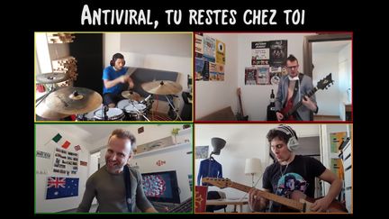 Le groupe français Fastened Furious, spécialiste des parodies rock, dans le clip de "Antiviral, tu restes chez toi", adapté du brûlot "Antisocial" de Trust. (SAISIE ECRAN YOUTUBE)