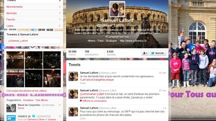 Le compte Twitter de Samuel Lafont, agress&eacute; samedi 13 avril &agrave; Paris. (TWITTER / FRANCETV INFO)