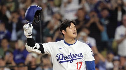 Shohei Ohtani  lors du premier repas du match de la Ligue majeure de baseball (MLB) entre les Rockies du Colorado et les Dodgers de Los Angeles, à Los Angeles, le 20 septembre 2024. (ALLISON DINNER / MAXPPP)