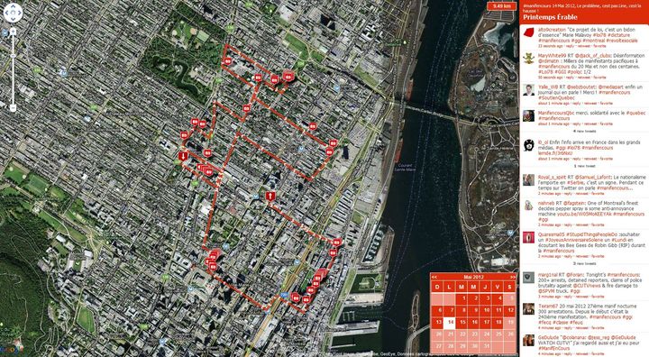 Cette carte interactive, mise en ligne par un internaute canadien, permet de suivre en temps r&eacute;el les trajets des manifestations qu&eacute;b&eacute;coises.&nbsp; (FTVI )