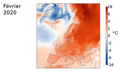 Anomalie de la température de l'air en surface en février 2020 par rapport&nbsp;à la moyenne mensuelle de 1981 à 2010. (COPERNICUS CLIMATE CHANGE SERVICE/ECMW)