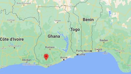 La situation géographique de la ville d'Apiate (Ghana) où a eu lieu une explosion, jeudi 20 janvier. (GOOGLE MAPS)