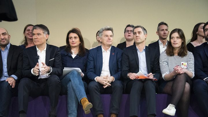 François Ruffin (2e en partant de la droite) aux côtés de Fabien Roussel (PCF), Marine Tondelier (EELV) et Olivier Faure (PS), à Paris, le 17 janvier 2023, lors d'un meeting de la Nupes contre la réforme des retraites. (MAGALI COHEN / HANS LUCAS / AFP)