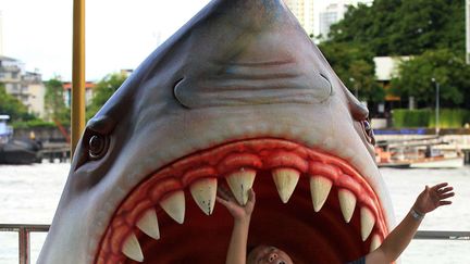 Un touriste joue avec la r&eacute;plique d'un requin g&eacute;ant dans un centre commercial de Bangkok (Tha&iuml;lande), le 17 avril 2012. (SAKCHAI LALIT / AP / SIPA)