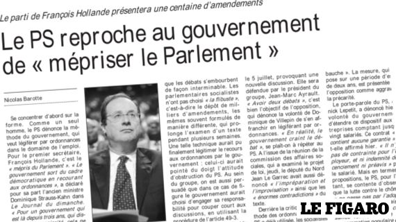 Un article du "Figaro" du 28 juin 2005, relatant l'hostilit&eacute; du PS au recours aux ordonnances par le gouvernement Villepin. (LE FIGARO)