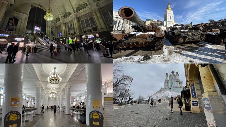 De gauche à droite : la gare de Kiev, où l'éclairage a été baissé par souci d'économie ; des chars russes, trophées exposés place Mykhailivska, devant Saint-Michel-au-Dôme-d'or ; la poste centrale de Kiev ; l'église Saint-André, sur l'une des collines qui surplombe les plus vieux quartiers de Kiev. (THOMAS SELLIN / FRANCK BALLANGER / RADIO FRANCE)