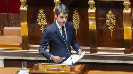 Prime Minister Gabriel Attal at the podium of the National Assembly on March 12, 2024 (VINCENT ISORE / MAXPPP)