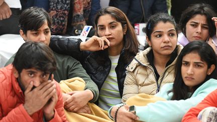 Sit-in organisé le 19 janvier à New Delhi contre la Fédération indienne de lutte. (SAJJAD HUSSAIN / AFP)