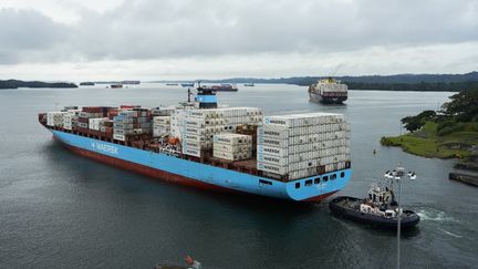 Un cargo danois aux abords du canal de Panama, le 29 décembre 2024. (ARNULFO FRANCO / AFP)