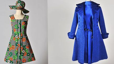 Expo : "Seventies, chacun ses audaces", un manteau matelassé bleu et une robe très colorée 
 (Musée du costume et de la dentelle de Bruxelles)