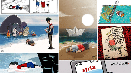 La mort d'un petit r&eacute;fugi&eacute; syrien, Aylan Kurdi, a fait le tour du monde. Des dessinateurs de presse de nombreux pays sont revenus sur les photos du drame. (MONTAGE FRANCETV INFO)