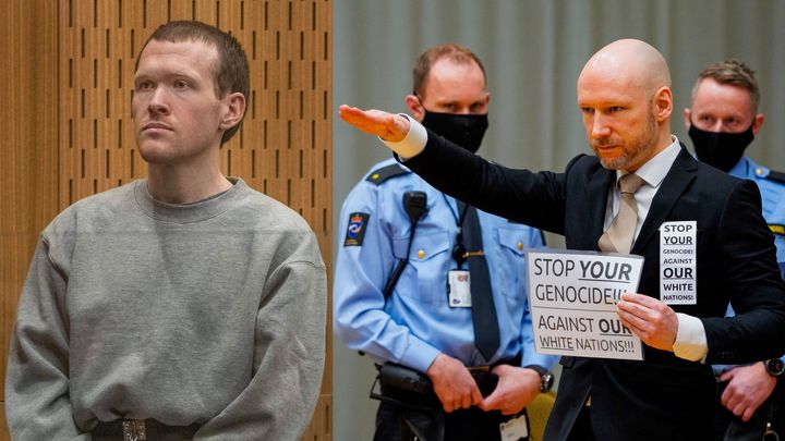 Les terroristes Brenton Tarrant (G) et Anders Breivik (D) ont respectivement tué 51 personnes et blessé 40 autres en 2019, et tué 77 personnes en 2011. (OLE BERG-RUSTAN / NTB)