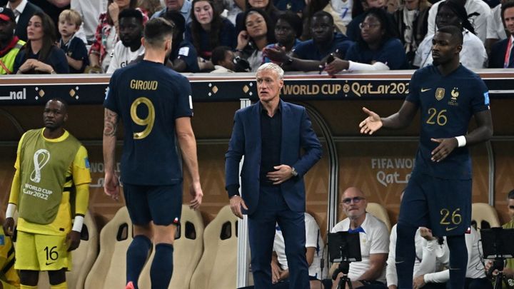 Didier Deschamps avait remplacé Olivier Giroud par Marcus Thuram lors de la finale de la Coupe du monde contre l'Argentine, le 18 décembre 2022. (ANNE-CHRISTINE POUJOULAT / AFP)