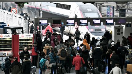 Des voyageurs font la queue pour prendre le train à la gare de Lyon à Paris, le 2 décembre 2022, pendant une grève organisée par les contrôleurs de la SNCF. (STEPHANE DE SAKUTIN / AFP)