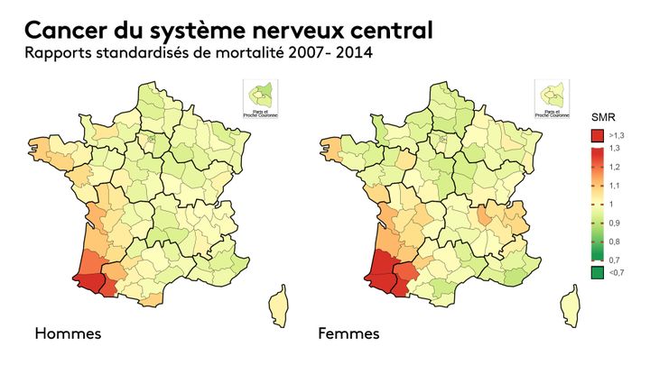 La carte de la surmortalité des cancers du système nerveux central en France entre 2007 et 2016 (rapports standardisés, source : Santé publique France). (FRANCEINFO)