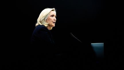 Marine Le Pen s'adresse à ses partisans lors d'un&nbsp;meeting à Perpignan (Pyrénées-Orientales),&nbsp;le 7 avril 2022.&nbsp; (JC MILHET / HANS LUCAS / AFP)