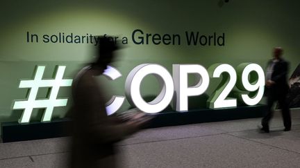 Le logo de la COP29 lors de la Conférence des Nations unies sur les changements climatiques (COP29) à Bakou, en Azerbaïdjan, le 21 novembre 2024. (STRINGER / AFP)